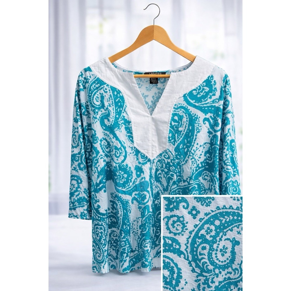 LRL Lauren Ralph Lauren Popover Tunic Top Teal White Paisley 100% Cotton Size 1X